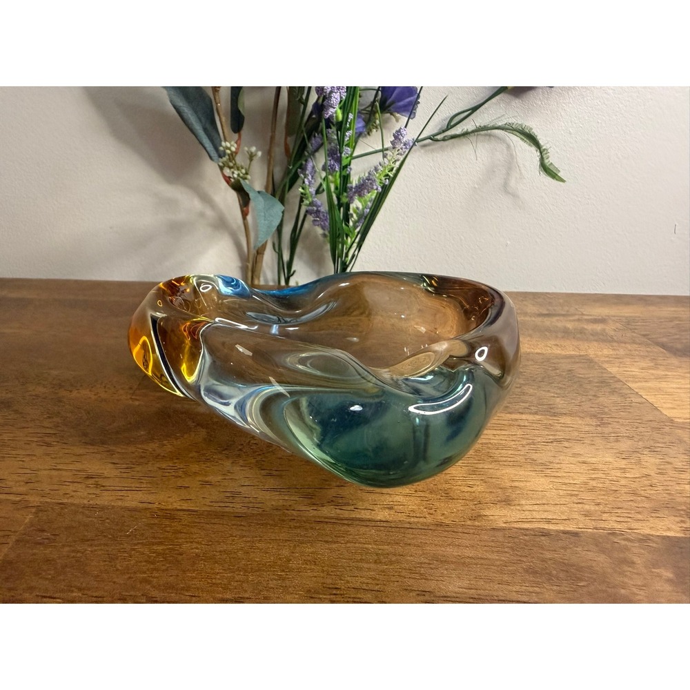 Vintage Murano Style Art Glass Bowl Amber Blue Green Heavy Freeform Cased Glass
